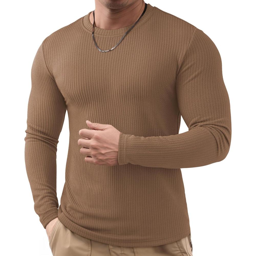 imageJMIERR Mens Long Sleeve Muscle T Shirts Casual Crewneck Knitted Longline Textured Tee Shirts for Gym WorkoutCamel