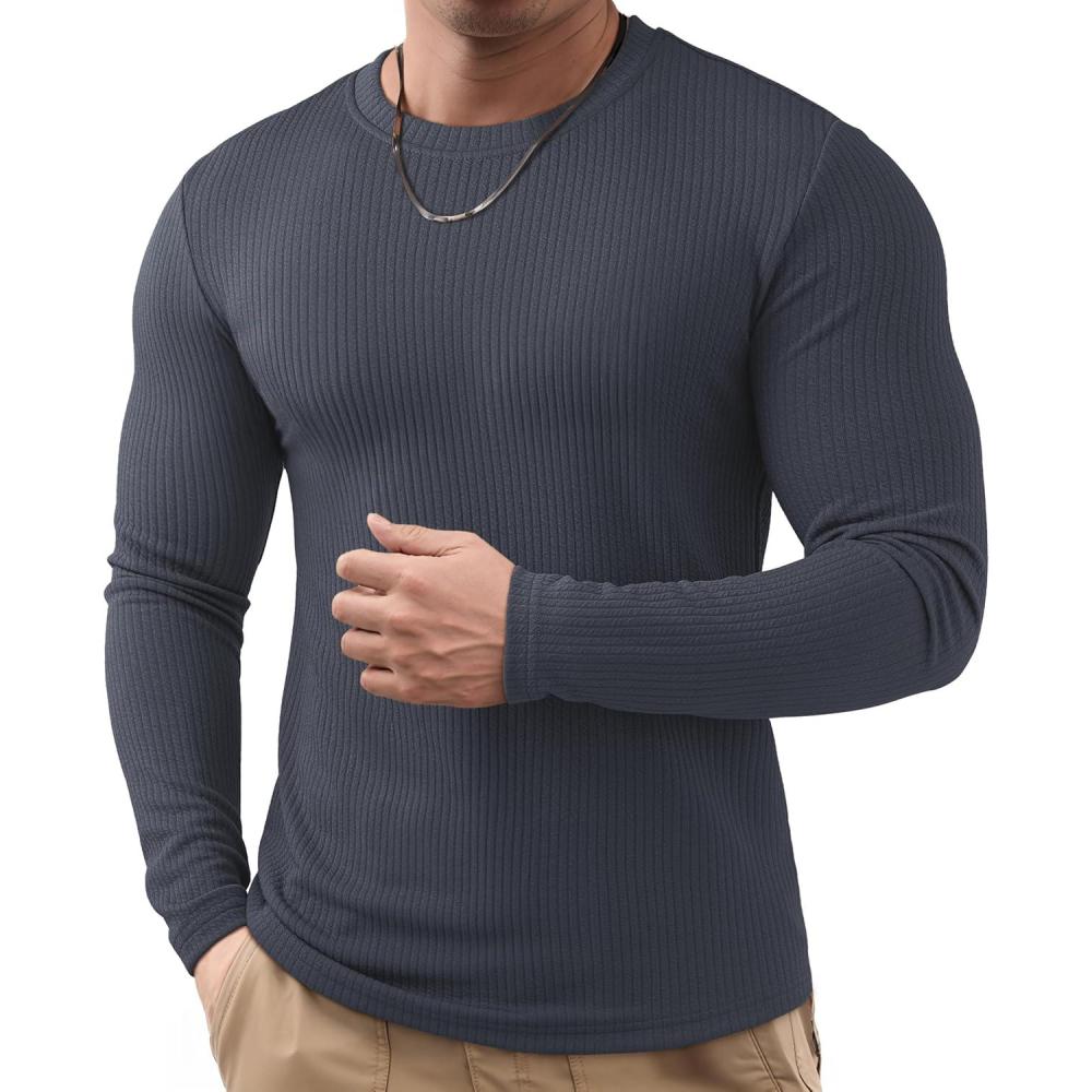 imageJMIERR Mens Long Sleeve Muscle T Shirts Casual Crewneck Knitted Longline Textured Tee Shirts for Gym WorkoutCarbon Grey