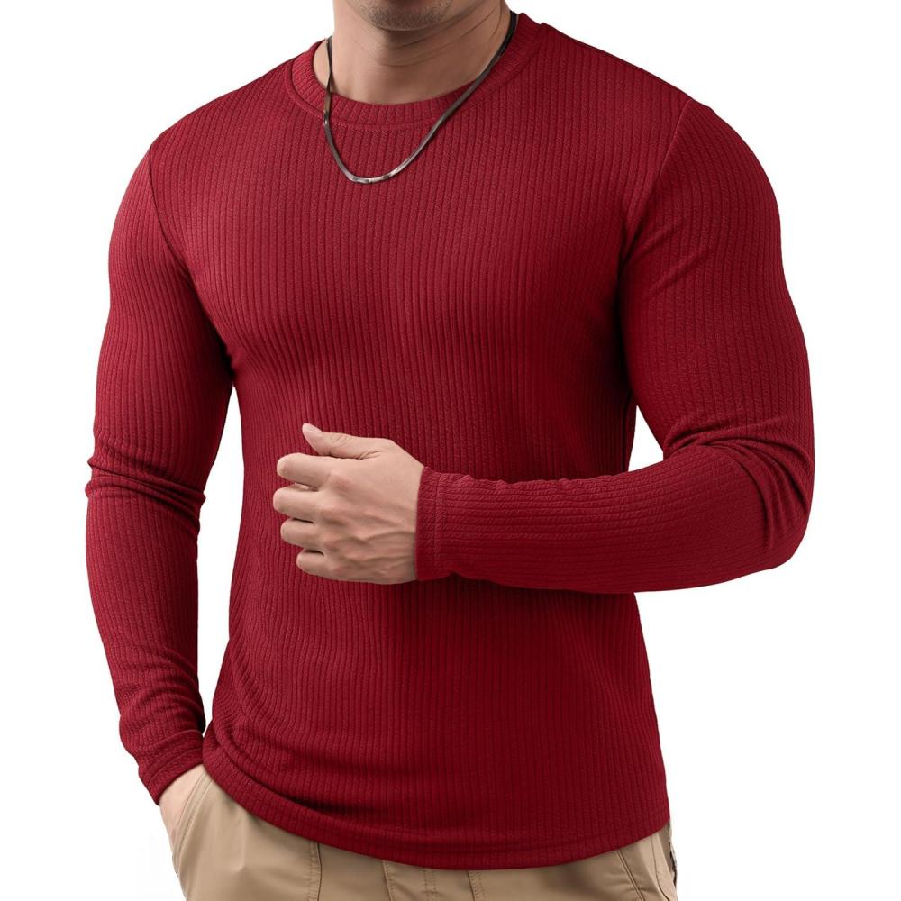 imageJMIERR Mens Long Sleeve Muscle T Shirts Casual Crewneck Knitted Longline Textured Tee Shirts for Gym WorkoutRed Dahlia
