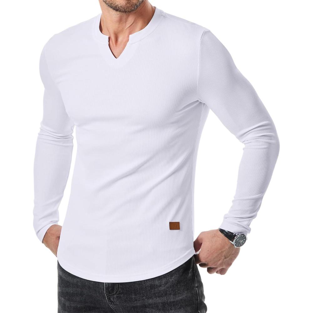 imageJMIERR Mens Long Sleeve Muscle T Shirts Casual VNeck Longline Ribbed Tee Shirts0 White