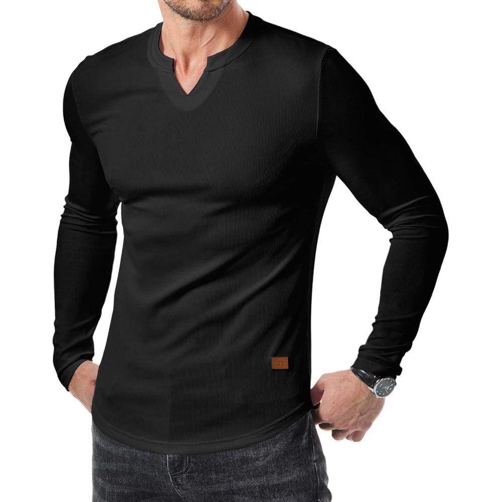 imageJMIERR Mens Long Sleeve Muscle T Shirts Casual VNeck Longline Ribbed Tee Shirts01 Black