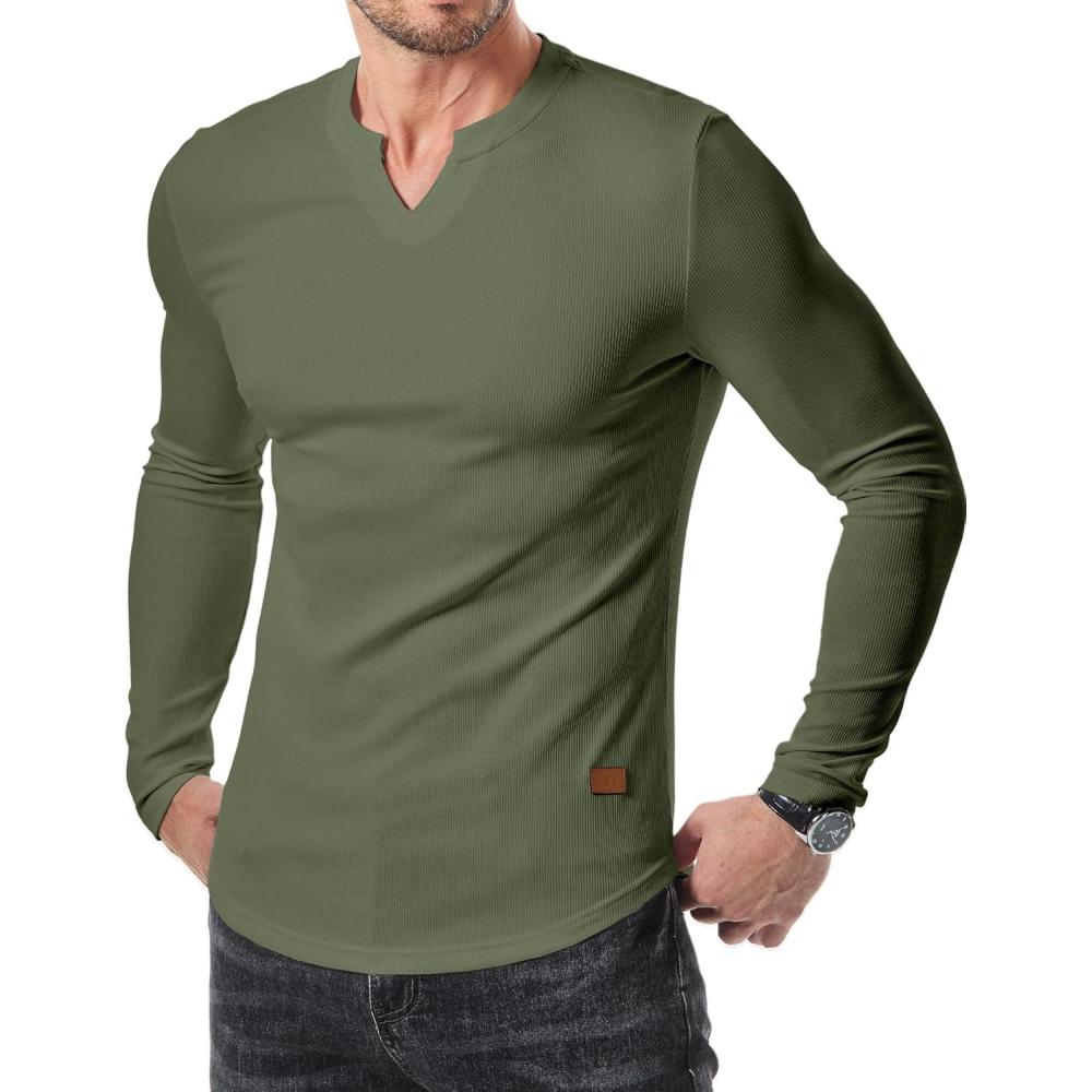 imageJMIERR Mens Long Sleeve Muscle T Shirts Casual VNeck Longline Ribbed Tee ShirtsArmy Green