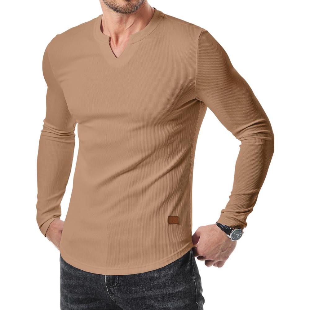 imageJMIERR Mens Long Sleeve Muscle T Shirts Casual VNeck Longline Ribbed Tee ShirtsBrown
