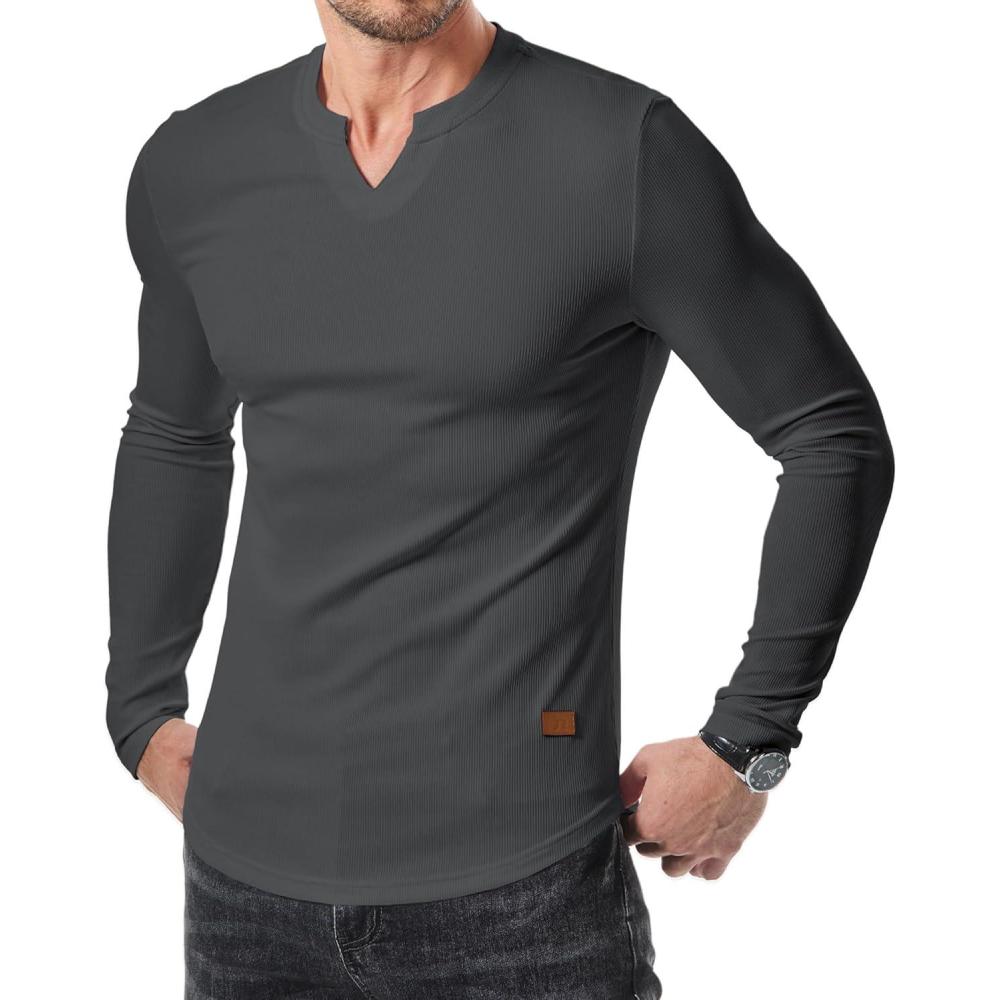imageJMIERR Mens Long Sleeve Muscle T Shirts Casual VNeck Longline Ribbed Tee ShirtsDark Grey