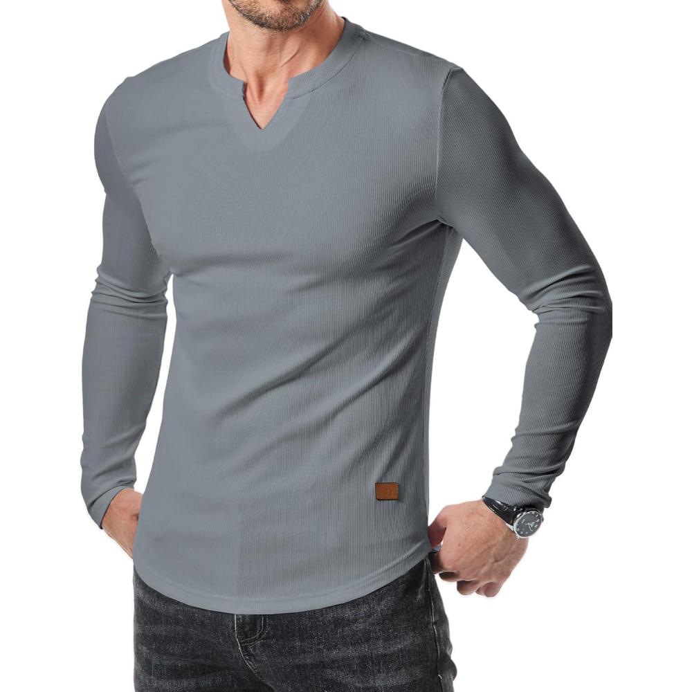 imageJMIERR Mens Long Sleeve Muscle T Shirts Casual VNeck Longline Ribbed Tee ShirtsGrey