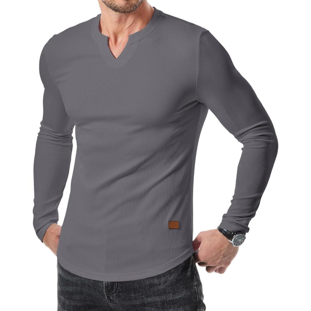 imageJMIERR Mens Long Sleeve Muscle T Shirts Casual VNeck Longline Ribbed Tee ShirtsMedium Grey