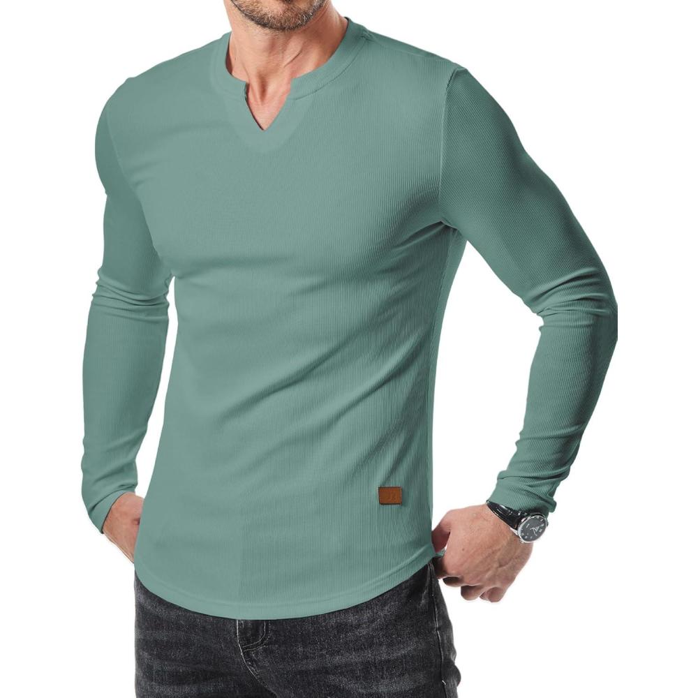 imageJMIERR Mens Long Sleeve Muscle T Shirts Casual VNeck Longline Ribbed Tee ShirtsMist Green