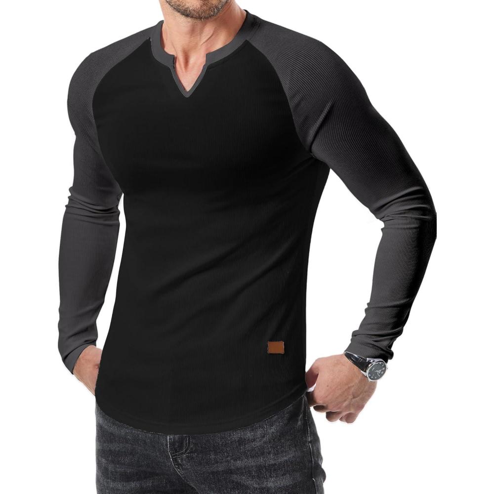 imageJMIERR Mens Long Sleeve Muscle T Shirts Casual VNeck Longline Ribbed Tee ShirtsT Black  Grey