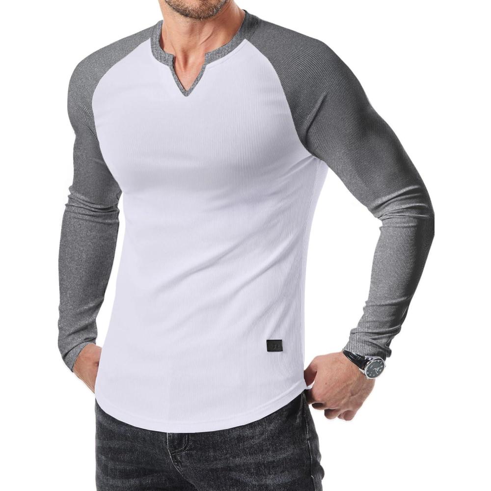 imageJMIERR Mens Long Sleeve Muscle T Shirts Casual VNeck Longline Ribbed Tee ShirtsT White  Grey
