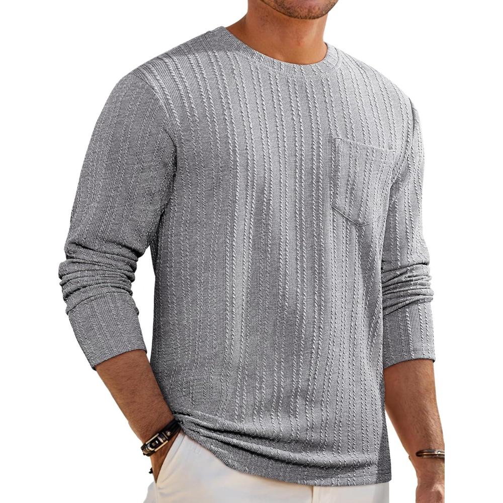 imageJMIERR Mens Long Sleeve Shirts Casual Crewneck Pullover TShirt Stretch Textured Knit Tee with Pocket01 Grey