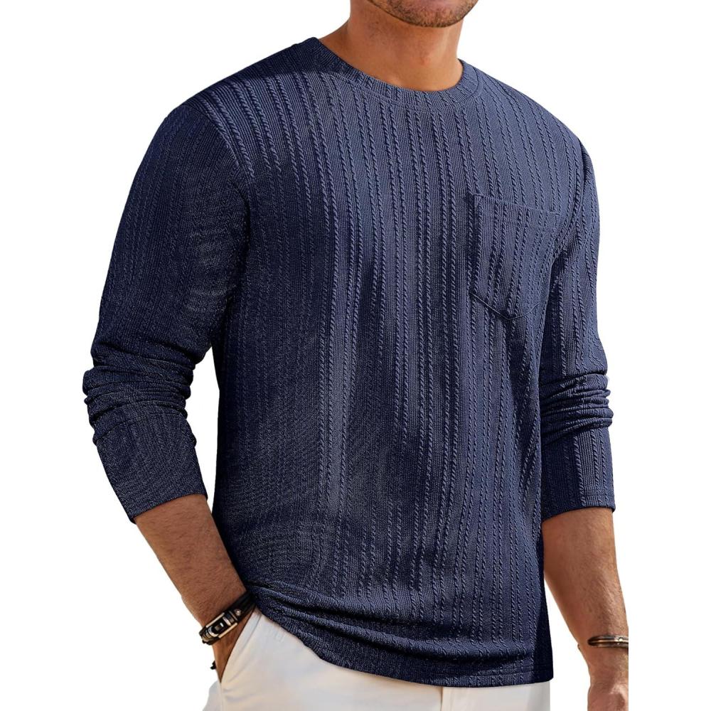 imageJMIERR Mens Long Sleeve Shirts Casual Crewneck Pullover TShirt Stretch Textured Knit Tee with Pocket02 Navy Blue