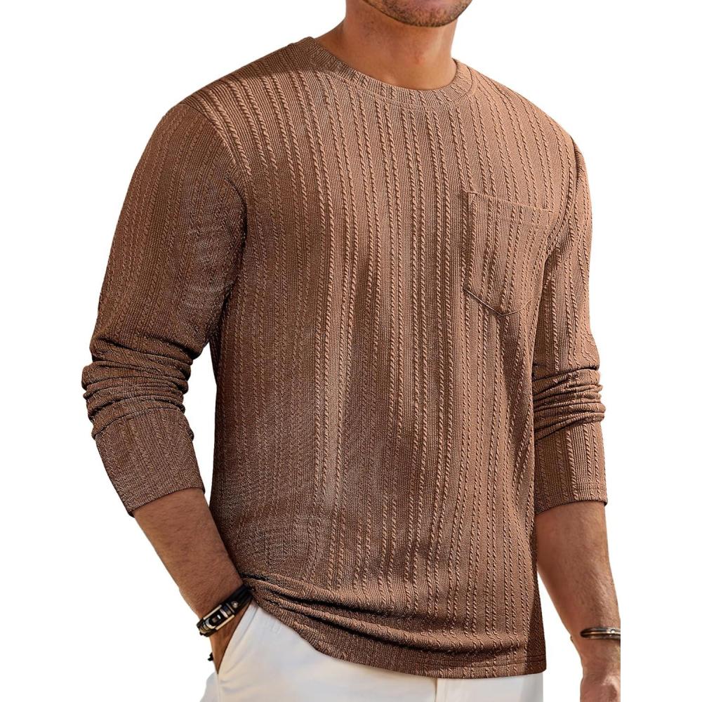 imageJMIERR Mens Long Sleeve Shirts Casual Crewneck Pullover TShirt Stretch Textured Knit Tee with Pocket03 Brown