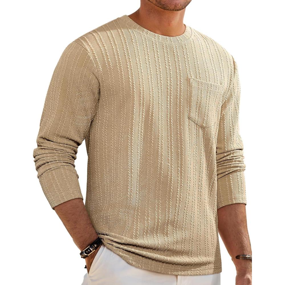 imageJMIERR Mens Long Sleeve Shirts Casual Crewneck Pullover TShirt Stretch Textured Knit Tee with Pocket04 Khaki