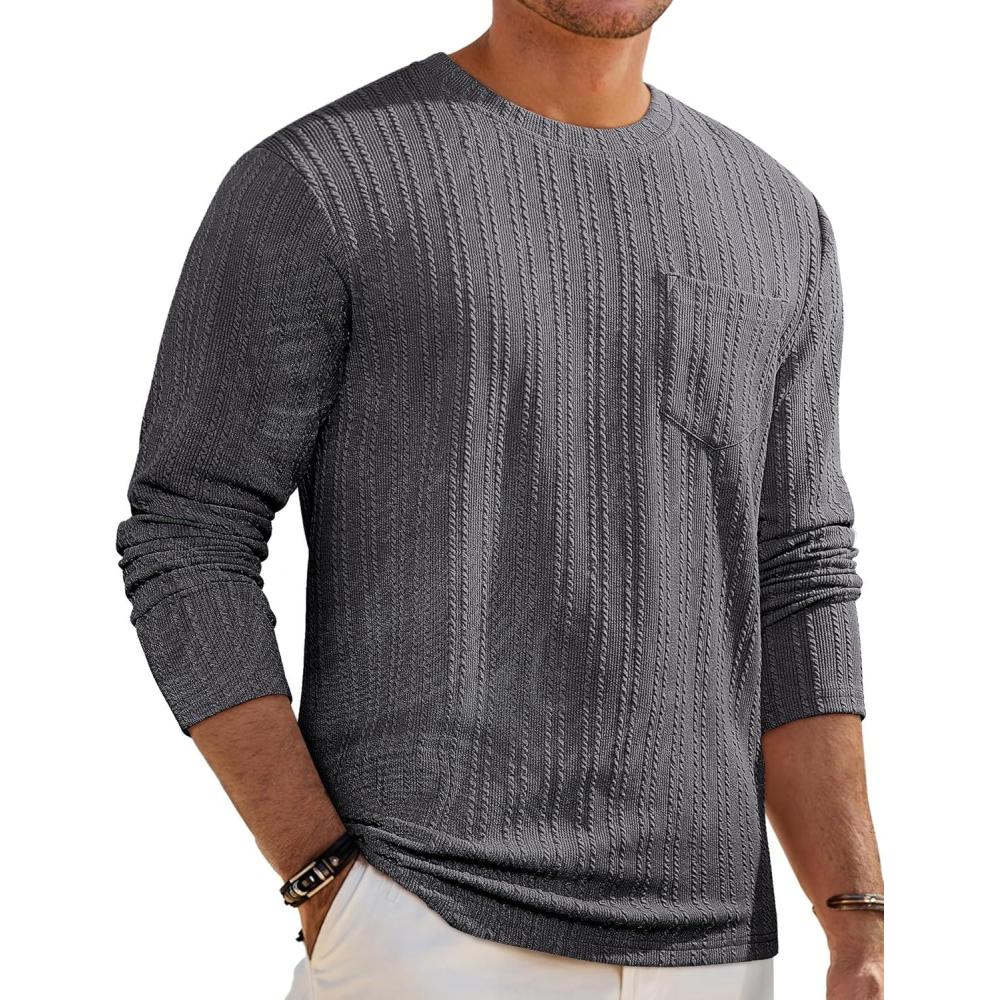 imageJMIERR Mens Long Sleeve Shirts Casual Crewneck Pullover TShirt Stretch Textured Knit Tee with Pocket05 Dark Grey