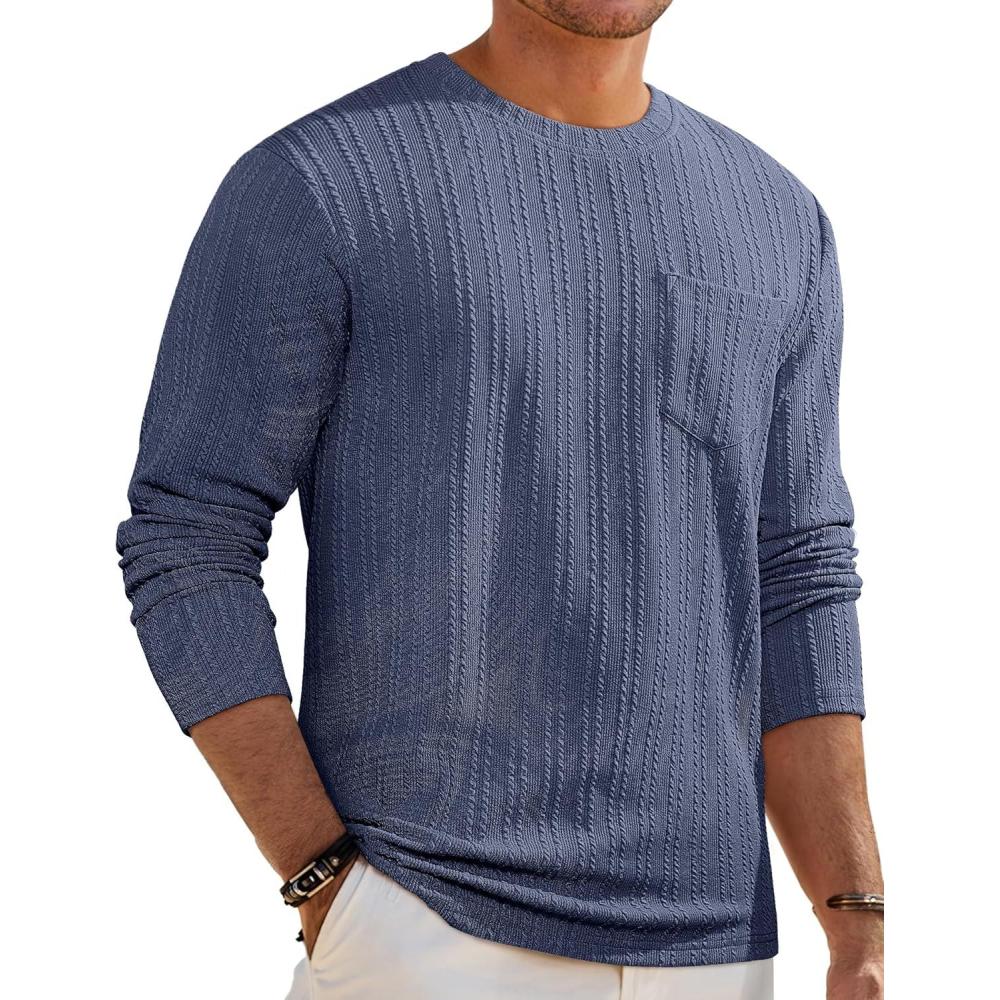 imageJMIERR Mens Long Sleeve Shirts Casual Crewneck Pullover TShirt Stretch Textured Knit Tee with Pocket07 Blue