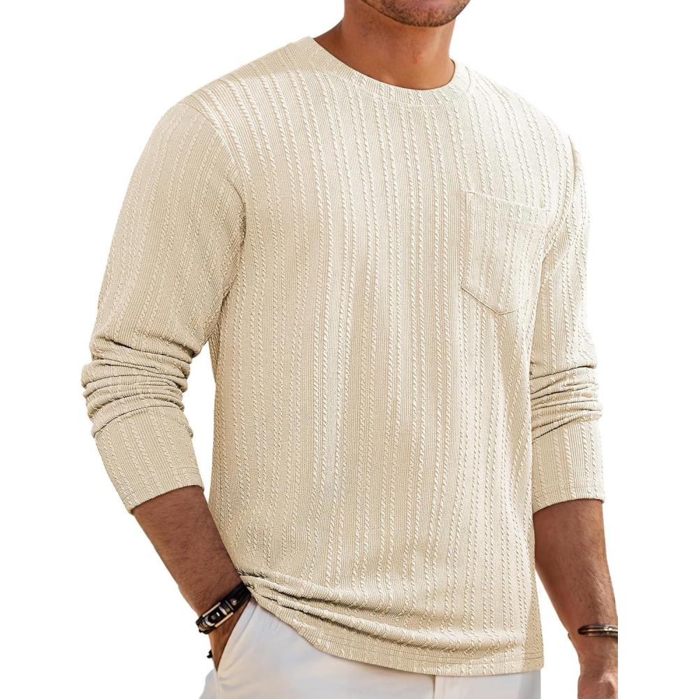 imageJMIERR Mens Long Sleeve Shirts Casual Crewneck Pullover TShirt Stretch Textured Knit Tee with Pocket09 Apricot