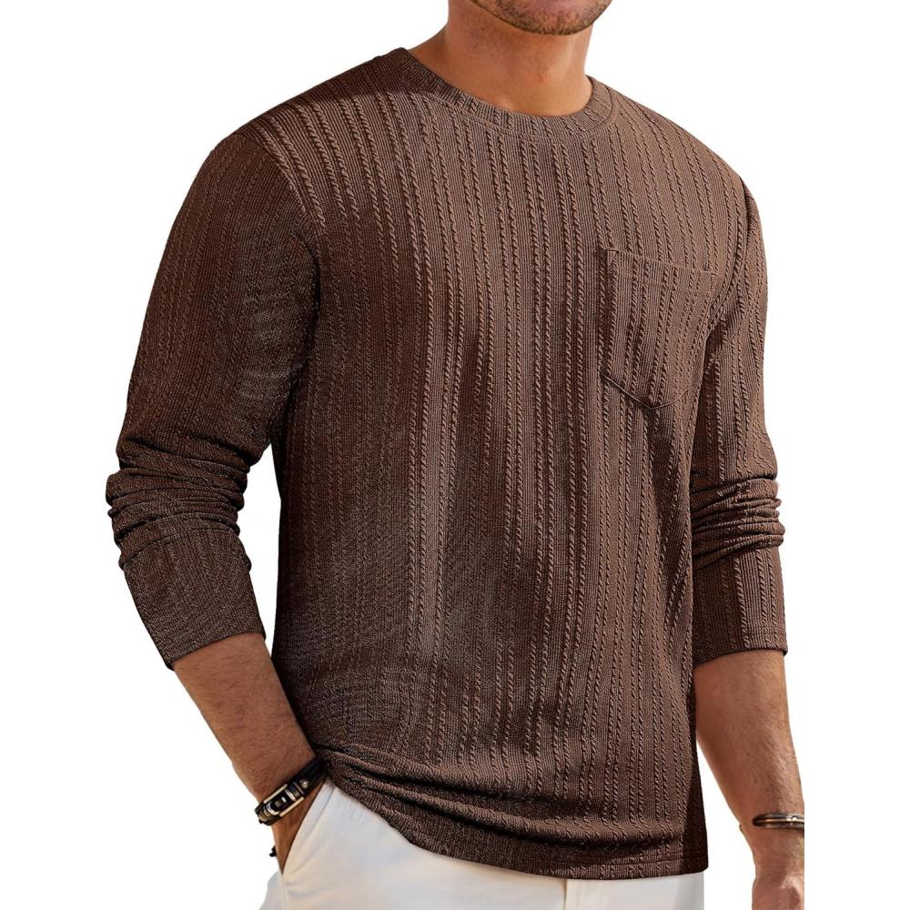 imageJMIERR Mens Long Sleeve Shirts Casual Crewneck Pullover TShirt Stretch Textured Knit Tee with Pocket13 Coffee