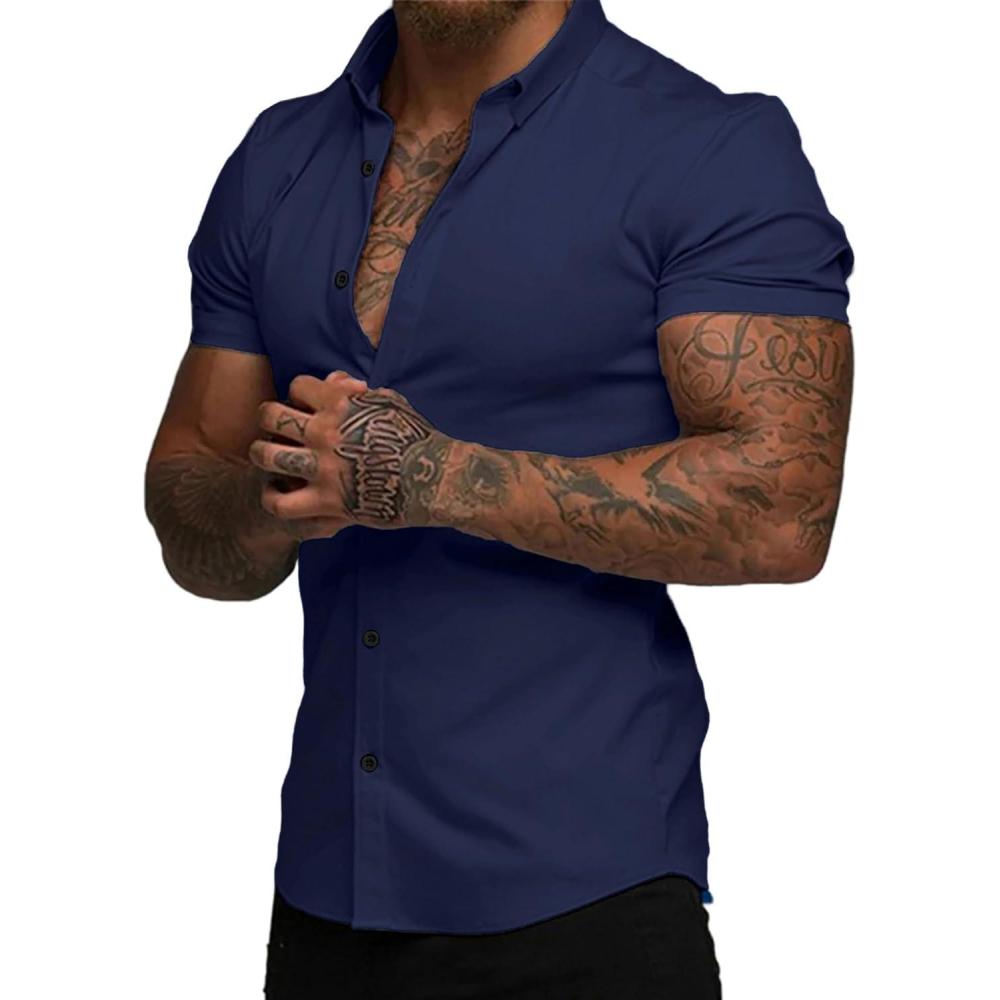 imageJMIERR Mens Muscle Fit Dress Shirts Summer Casual Button Down Short Sleeve High Stretch WrinkleFree ShirtC Blue