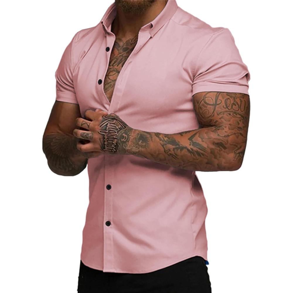 imageJMIERR Mens Muscle Fit Dress Shirts Summer Casual Button Down Short Sleeve High Stretch WrinkleFree ShirtC Pink