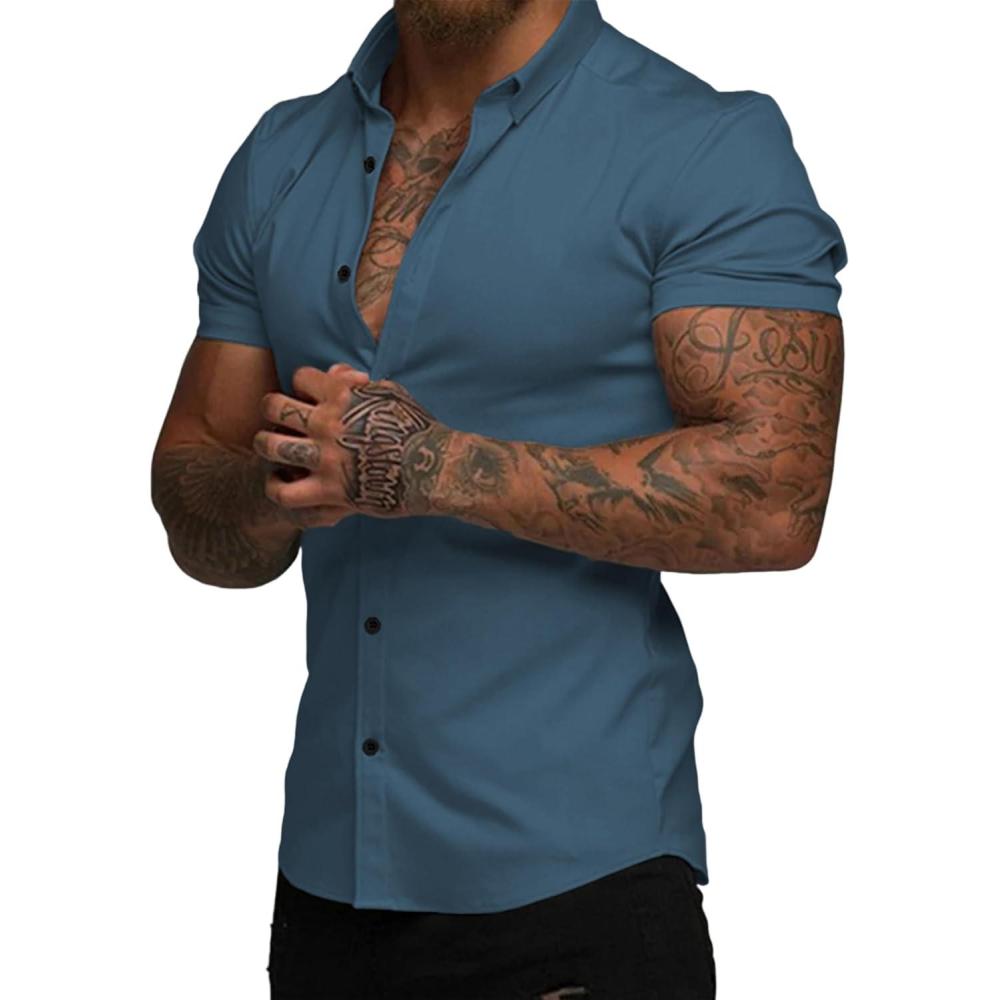 imageJMIERR Mens Muscle Fit Dress Shirts Summer Casual Button Down Short Sleeve High Stretch WrinkleFree ShirtE Blue 2