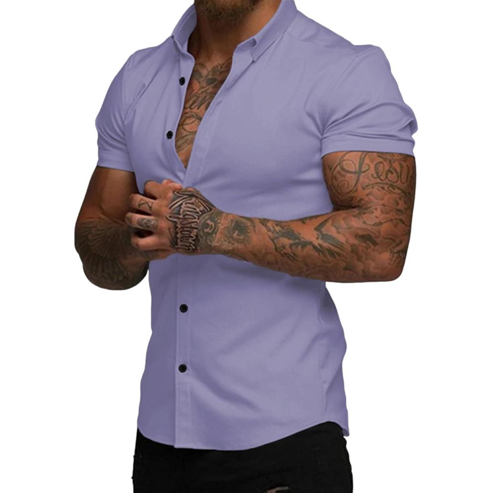 imageJMIERR Mens Muscle Fit Dress Shirts Summer Casual Button Down Short Sleeve High Stretch WrinkleFree ShirtE Purple