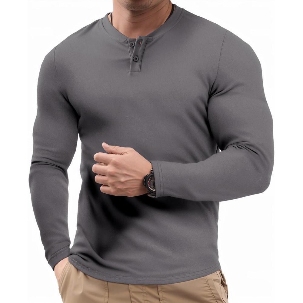 imageJMIERR Mens Muscle Slim Henley Shirt Button VNeck Long Sleeve Gym Workout Athletic T ShirtsGrey