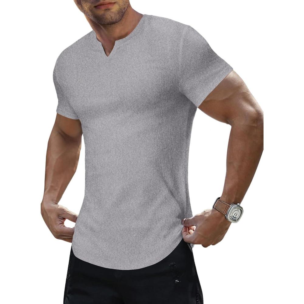 imageJMIERR Mens Muscle Slim T Shirt Texture V Neck Longline Henley Gym Workout Athletic Tee ShirtsGrey