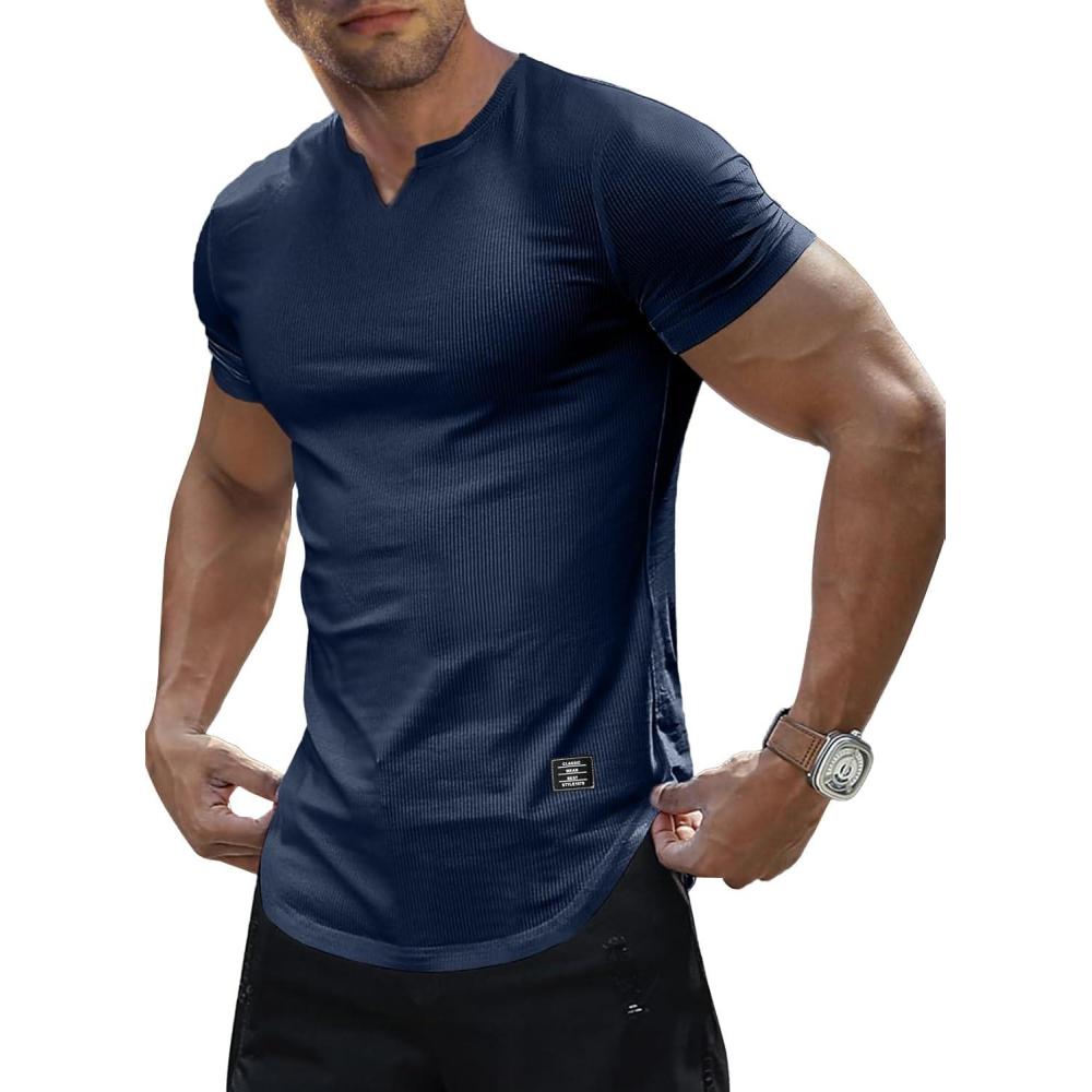 imageJMIERR Mens Muscle Slim T Shirt VNeck Longline Henley Shirt Gym Workout Athletic Tee ShirtsA Blue