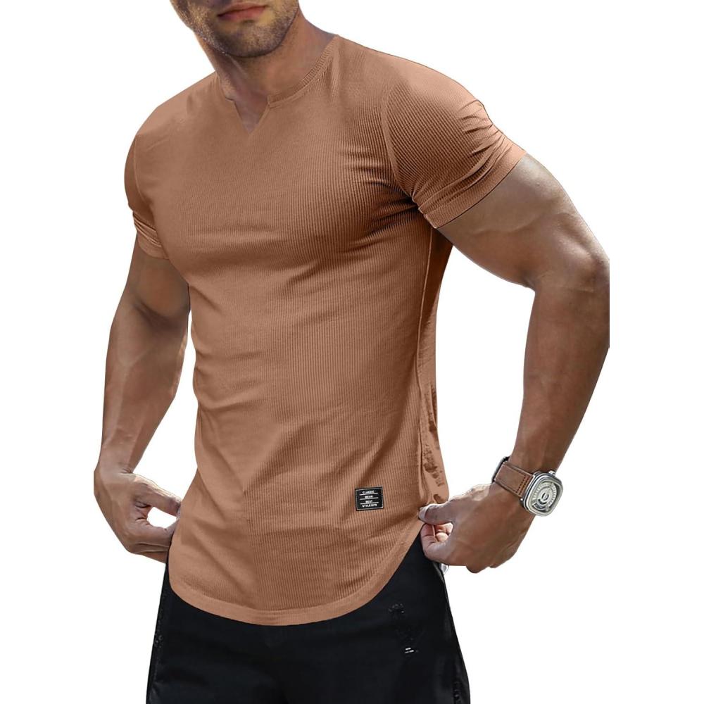 imageJMIERR Mens Muscle Slim T Shirt VNeck Longline Henley Shirt Gym Workout Athletic Tee ShirtsA Brown