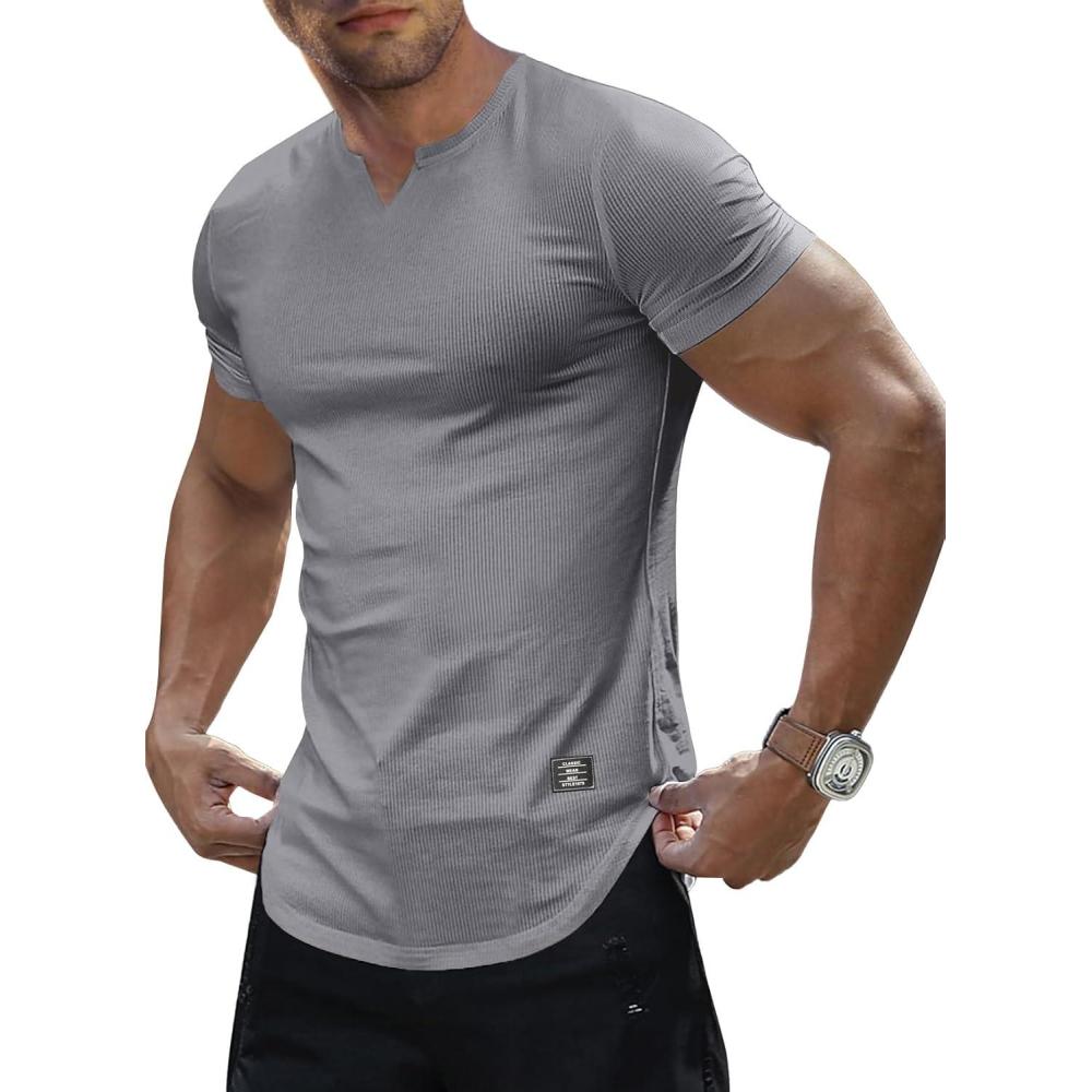 imageJMIERR Mens Muscle Slim T Shirt VNeck Longline Henley Shirt Gym Workout Athletic Tee ShirtsA Grey
