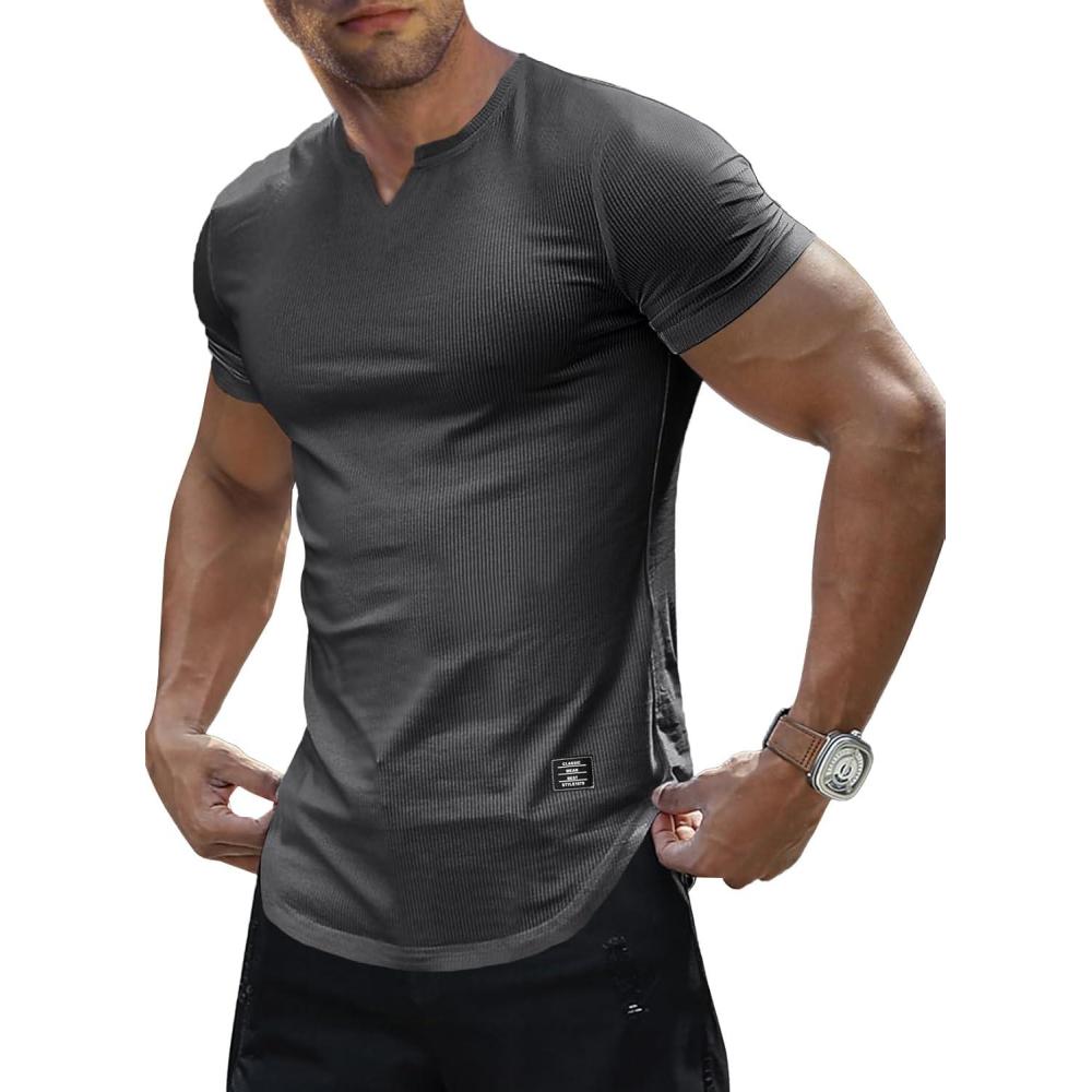 imageJMIERR Mens Muscle Slim T Shirt VNeck Longline Henley Shirt Gym Workout Athletic Tee ShirtsA Grey1