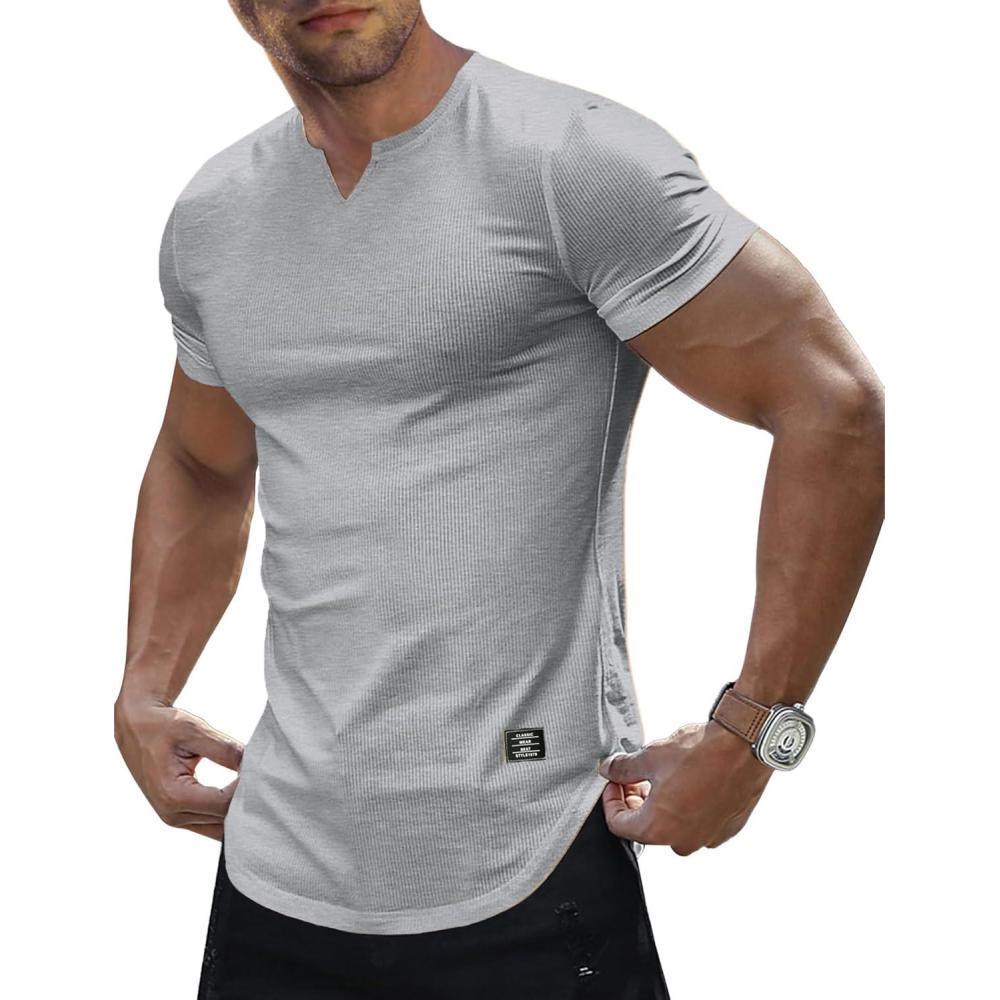 imageJMIERR Mens Muscle Slim T Shirt VNeck Longline Henley Shirt Gym Workout Athletic Tee ShirtsA Grey2