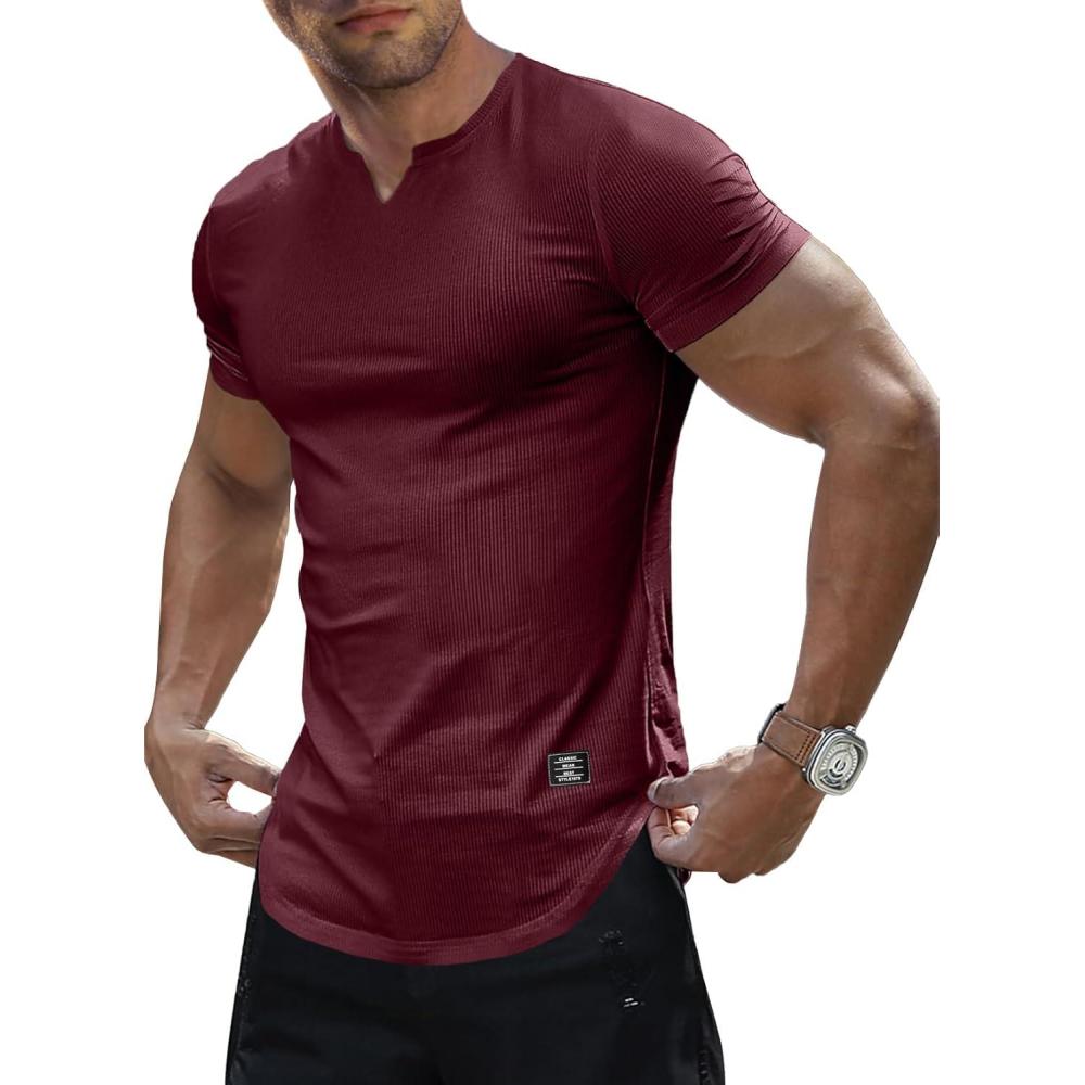 imageJMIERR Mens Muscle Slim T Shirt VNeck Longline Henley Shirt Gym Workout Athletic Tee ShirtsA Red