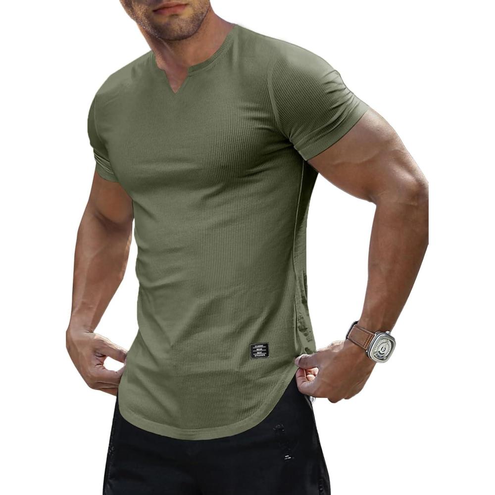 imageJMIERR Mens Muscle Slim T Shirt VNeck Longline Henley Shirt Gym Workout Athletic Tee ShirtsB Light Green