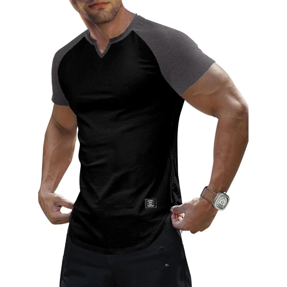 imageJMIERR Mens Muscle Slim T Shirt VNeck Longline Henley Shirt Gym Workout Athletic Tee ShirtsC Black  Grey