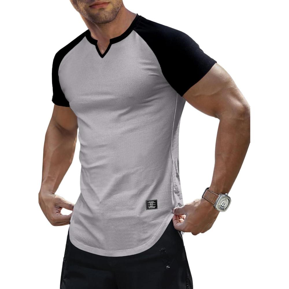 imageJMIERR Mens Muscle Slim T Shirt VNeck Longline Henley Shirt Gym Workout Athletic Tee ShirtsC Grey  Black