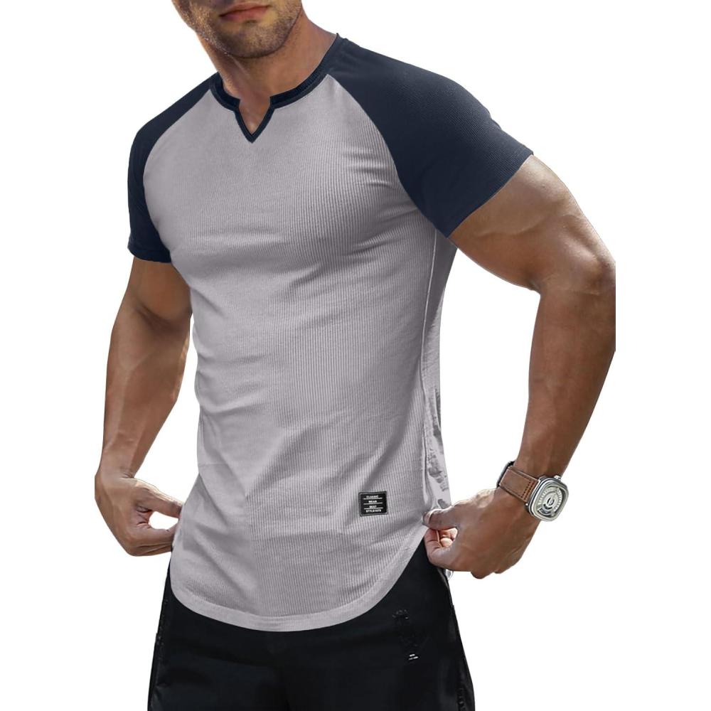 imageJMIERR Mens Muscle Slim T Shirt VNeck Longline Henley Shirt Gym Workout Athletic Tee ShirtsC Light Grey  Blue