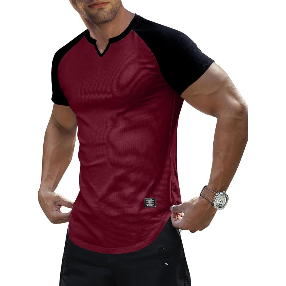 imageJMIERR Mens Muscle Slim T Shirt VNeck Longline Henley Shirt Gym Workout Athletic Tee ShirtsC Red  Black