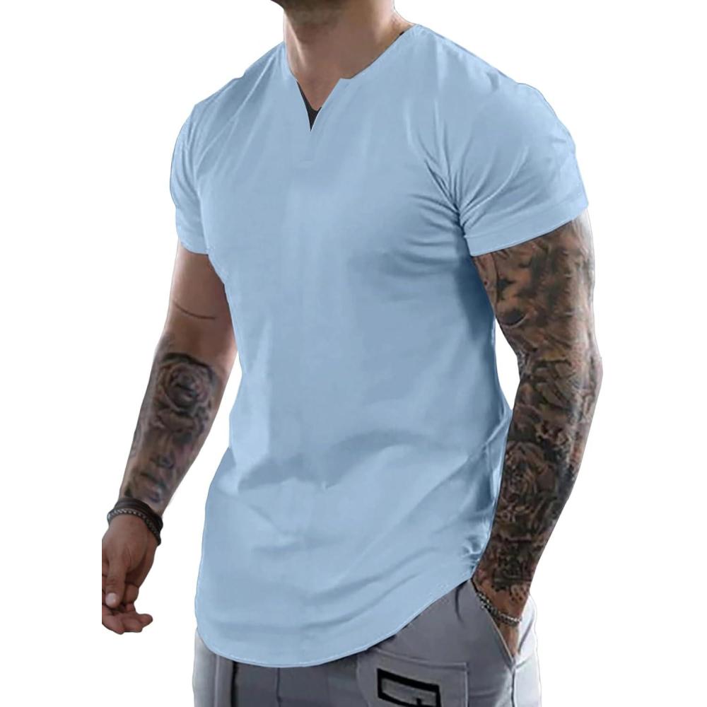 imageJMIERR Mens Muscle Slim T Shirts Summer V Neck Gym Shirt Casual Cotton Workout Athletic Longline TeesA Blue