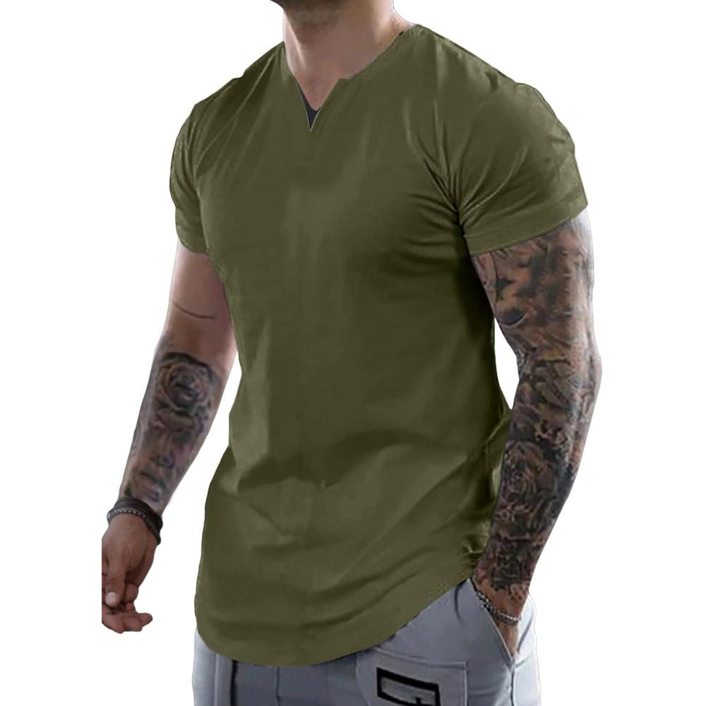 imageJMIERR Mens Muscle Slim T Shirts Summer V Neck Gym Shirt Casual Cotton Workout Athletic Longline TeesA Green
