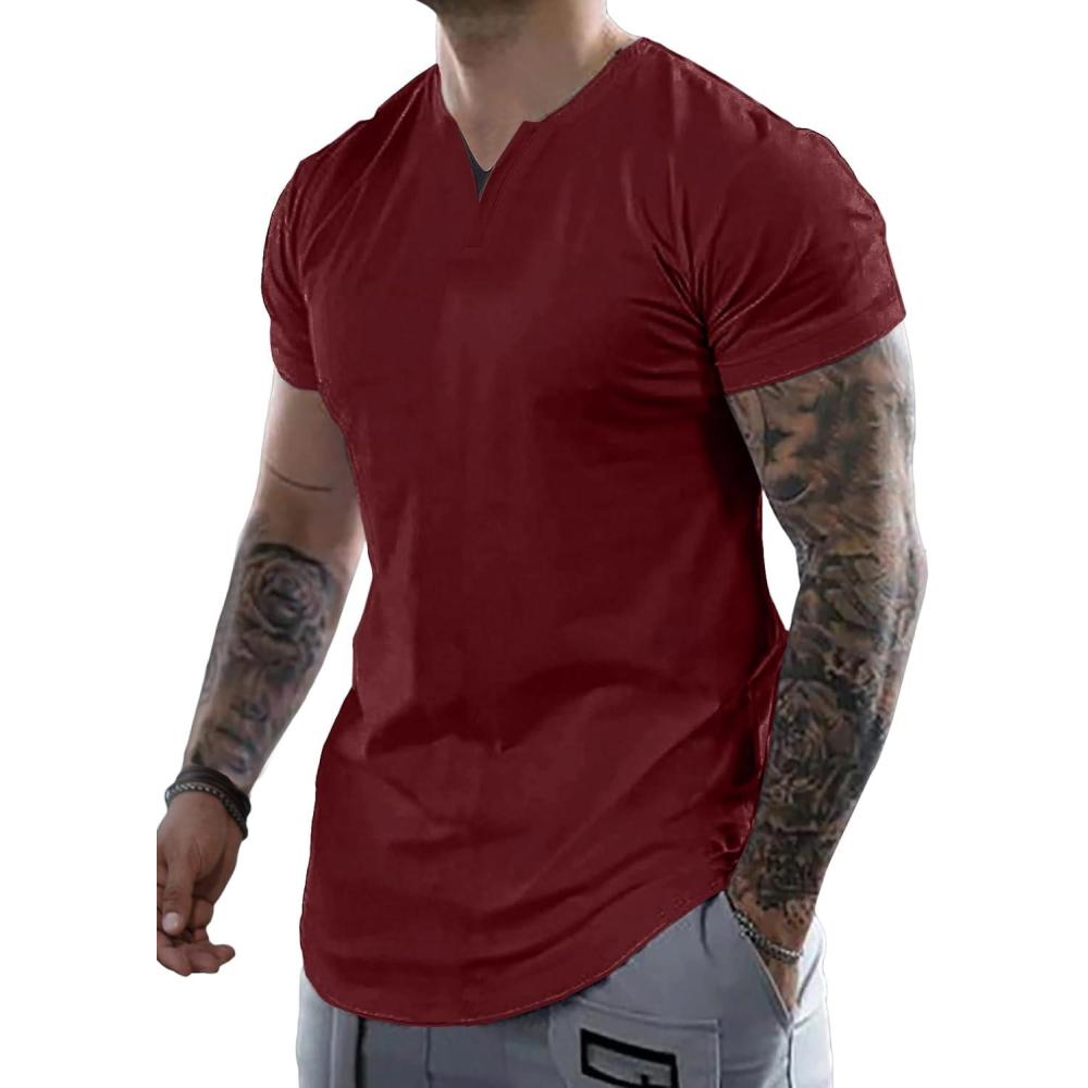 imageJMIERR Mens Muscle Slim T Shirts Summer V Neck Gym Shirt Casual Cotton Workout Athletic Longline TeesA Red