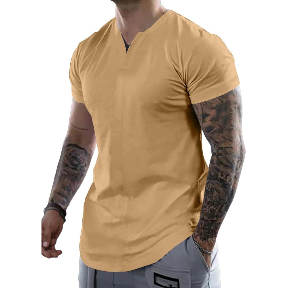 imageJMIERR Mens Muscle Slim T Shirts Summer V Neck Gym Shirt Casual Cotton Workout Athletic Longline TeesB Beige