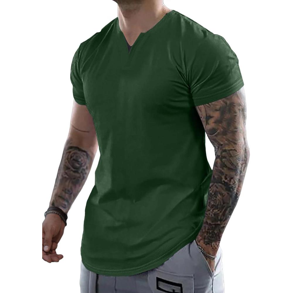 imageJMIERR Mens Muscle Slim T Shirts Summer V Neck Gym Shirt Casual Cotton Workout Athletic Longline TeesD Dark Green