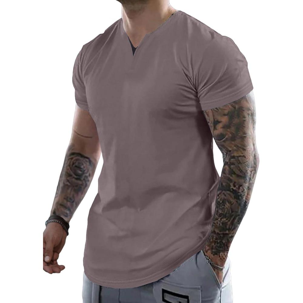imageJMIERR Mens Muscle Slim T Shirts Summer V Neck Gym Shirt Casual Cotton Workout Athletic Longline TeesE Brown Grey