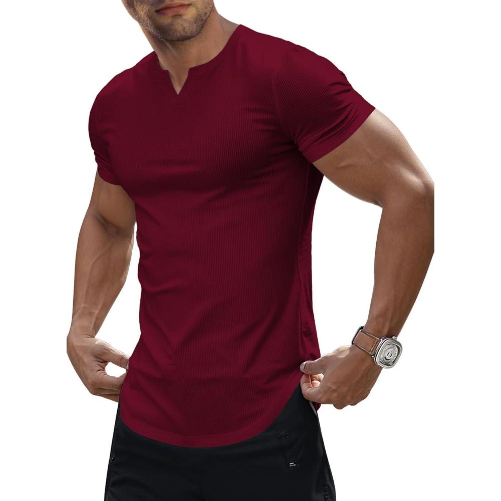 imageJMIERR Mens Muscle VNeck T Shirt Short Sleeve Longline Ribbed Henley Shirt Gym Workout Athletic Tee ShirtsRed