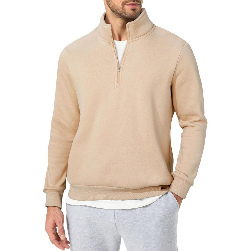 imageJMIERR Mens Quarter Zip Pullover Polo Sweater Mock Neck Long Sleeve Lightweight Fleece SweatshirtsApricot
