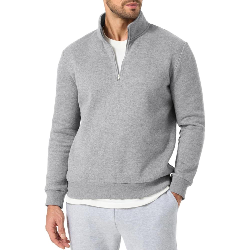 imageJMIERR Mens Quarter Zip Pullover Polo Sweater Mock Neck Long Sleeve Lightweight Fleece SweatshirtsLight Grey