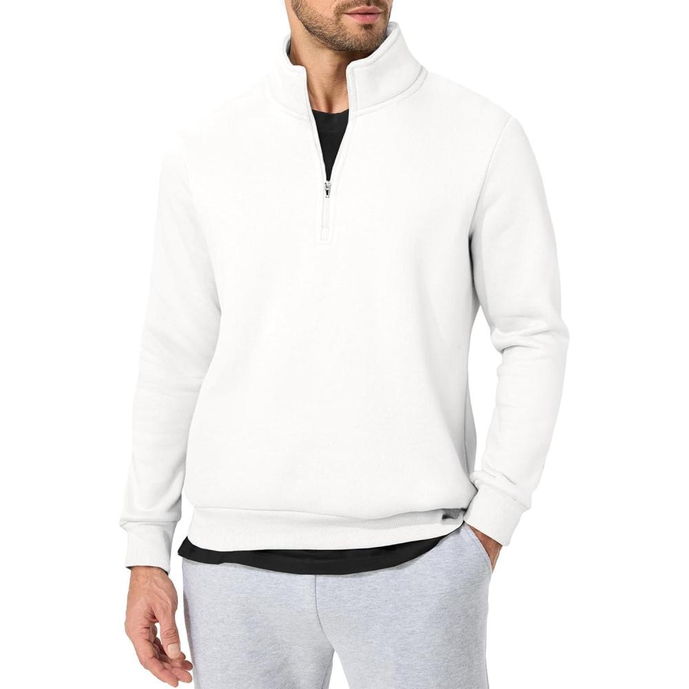 imageJMIERR Mens Quarter Zip Pullover Polo Sweater Mock Neck Long Sleeve Lightweight Fleece SweatshirtsWhite