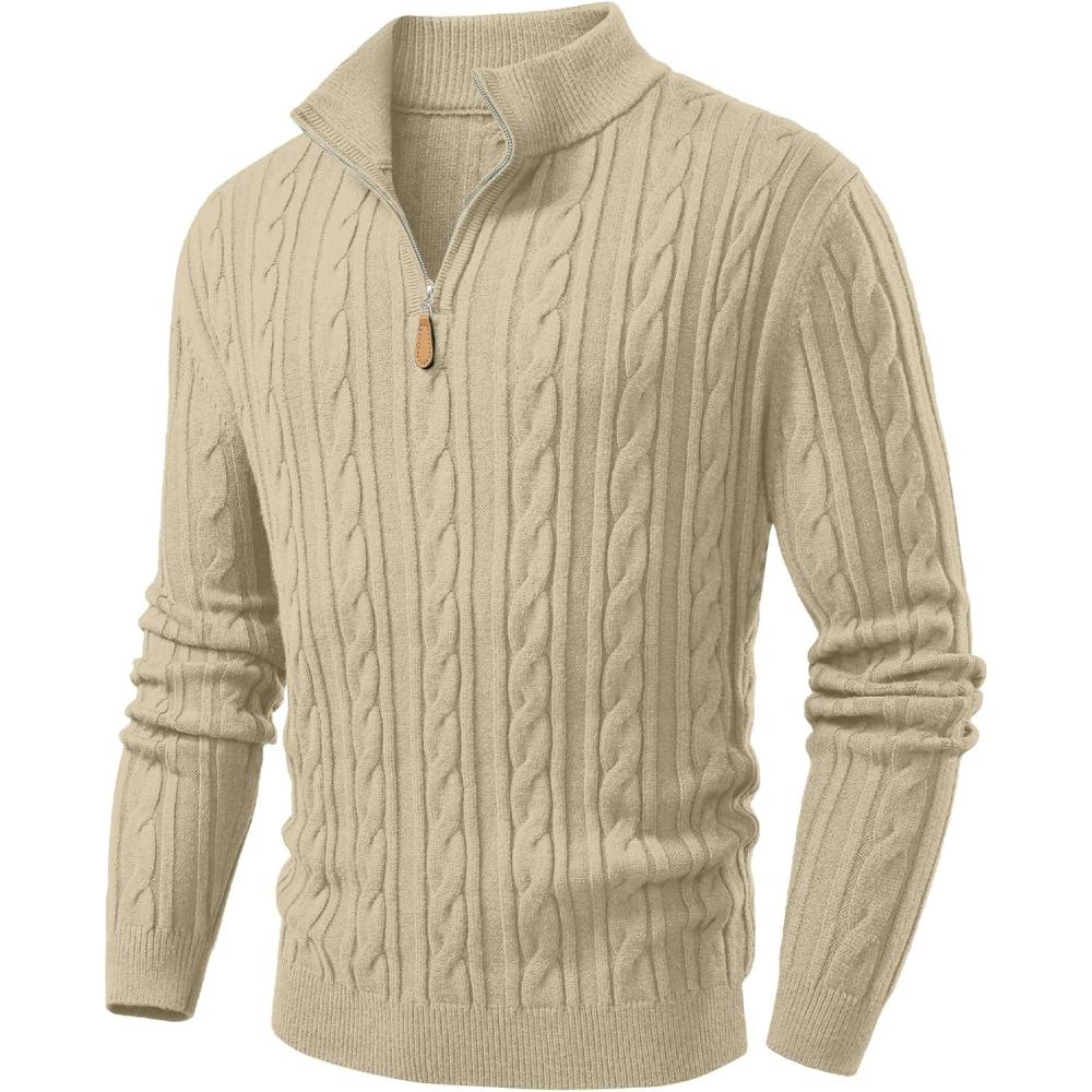 imageJMIERR Mens Quarter Zip Pullover Sweater Cable Knit Casual Stand Collar Texture Knitted SweatersBeige