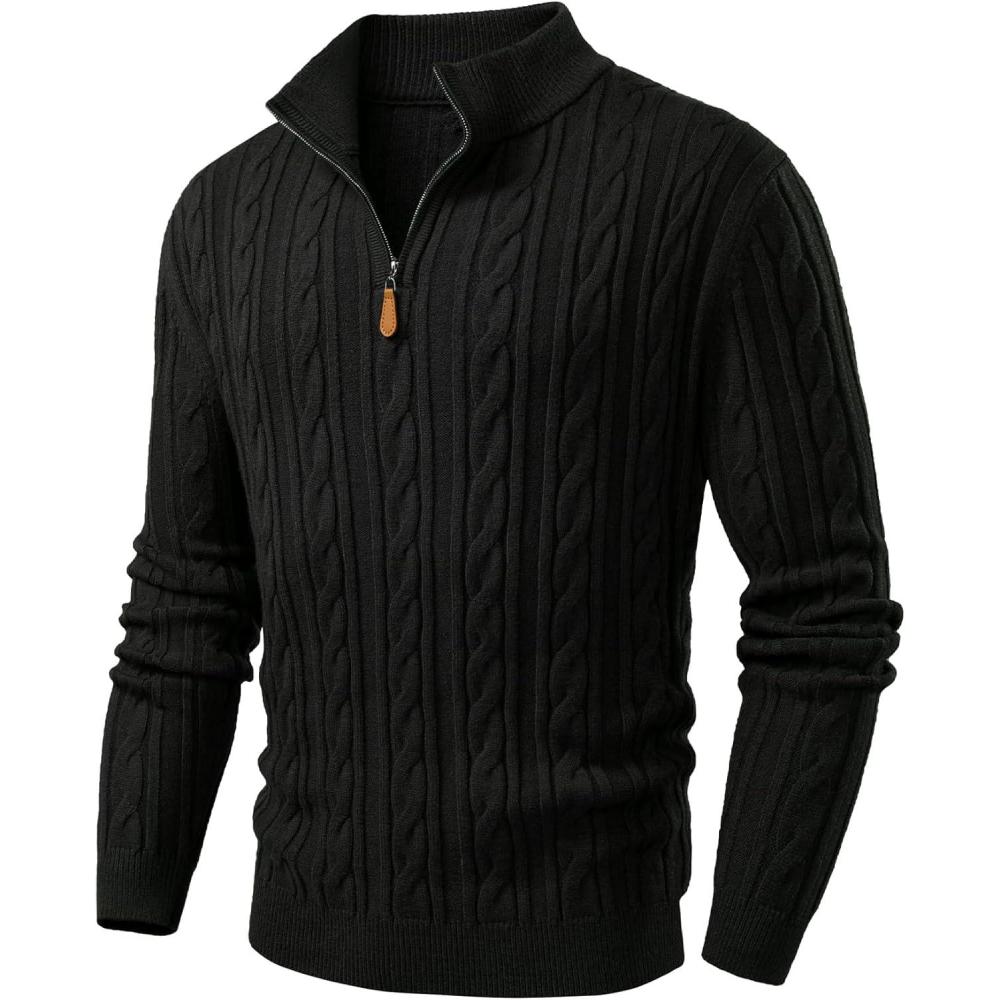imageJMIERR Mens Quarter Zip Pullover Sweater Cable Knit Casual Stand Collar Texture Knitted SweatersBlack